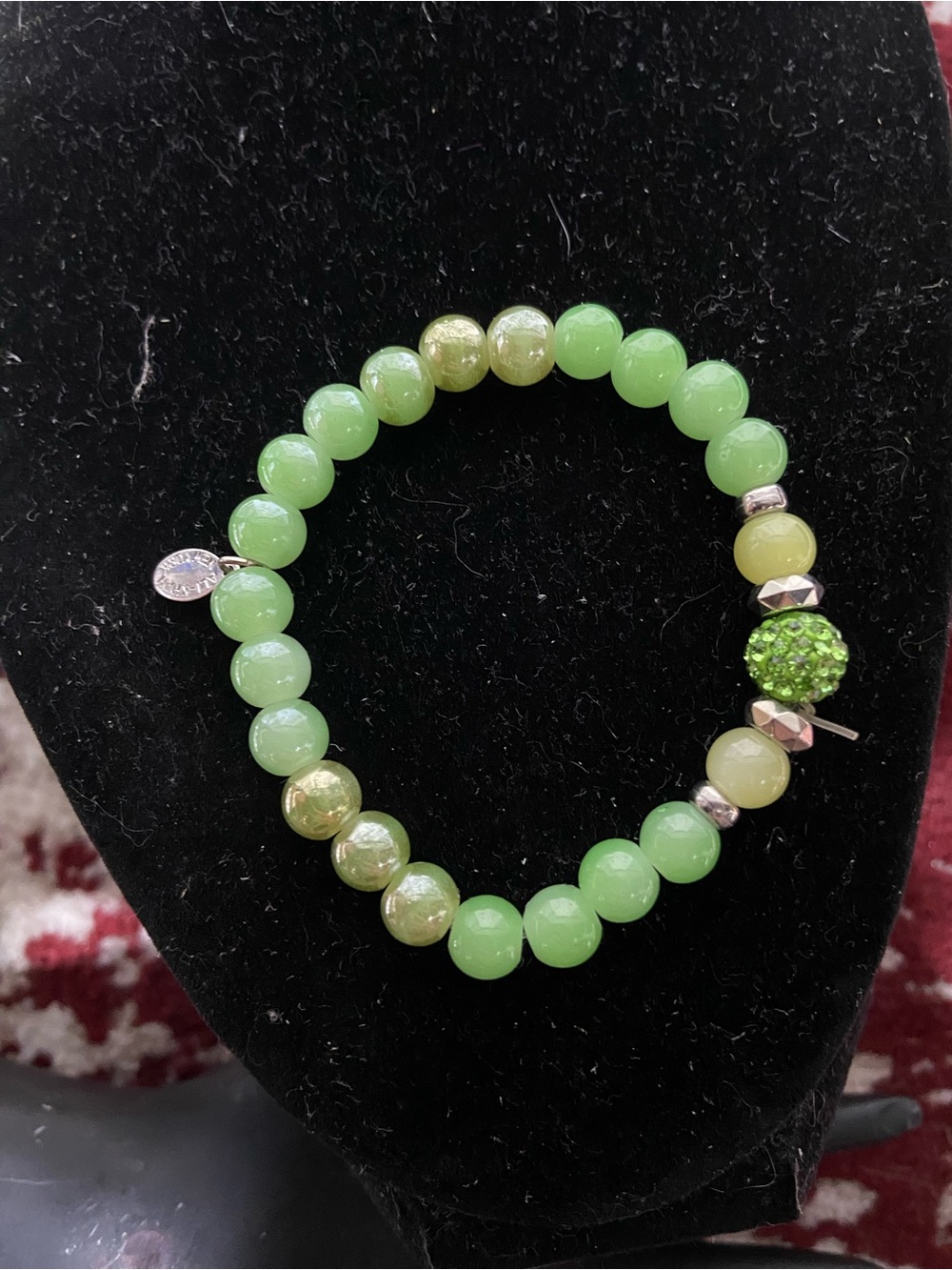 Ali Khan NY, Green Glass Beaded Stretch Bracelet with Rhinestone Accent
